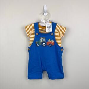 JoJo Maman Bebe Blue Easter Tractor Dungaree Romper & T-Shirt Set 0-3 Months